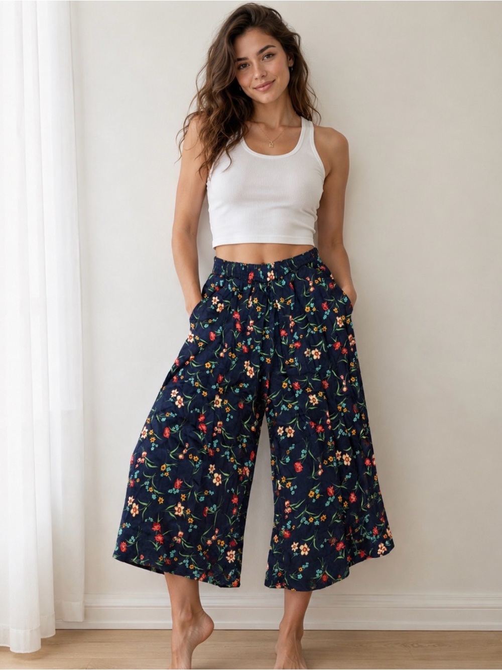 Russ Classic Vintage Womens Elastic Waist Palazzo Pants in Navy Floral Sz MP